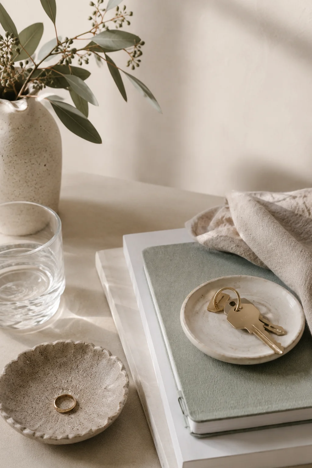 House keys on a ceramic dish beside an open book, a gold ring in a bowl, and eucalyptus branches