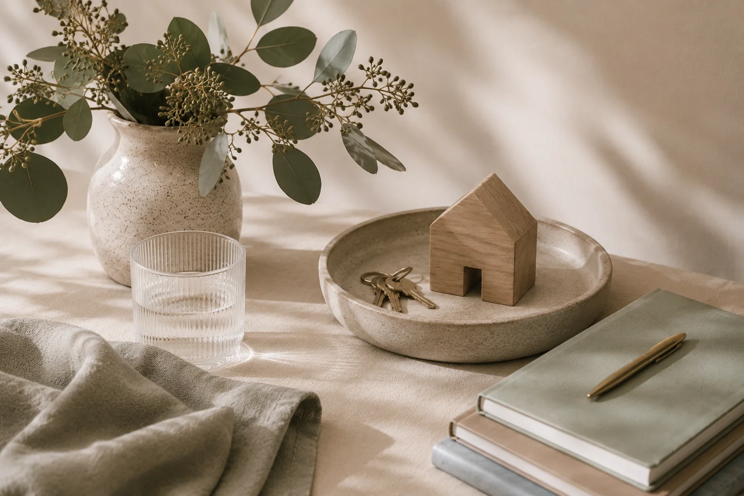 A wooden house figurine and keys nestled in a round wooden bowl beside a notebook and eucalyptus