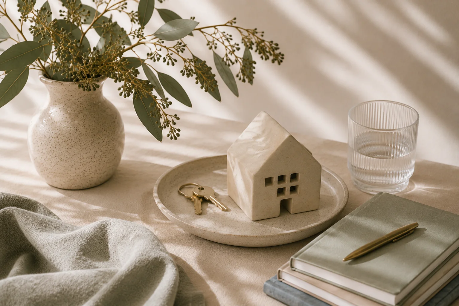 A clay house figurine and gold keys on a ceramic plate in warm window light with eucalyptus