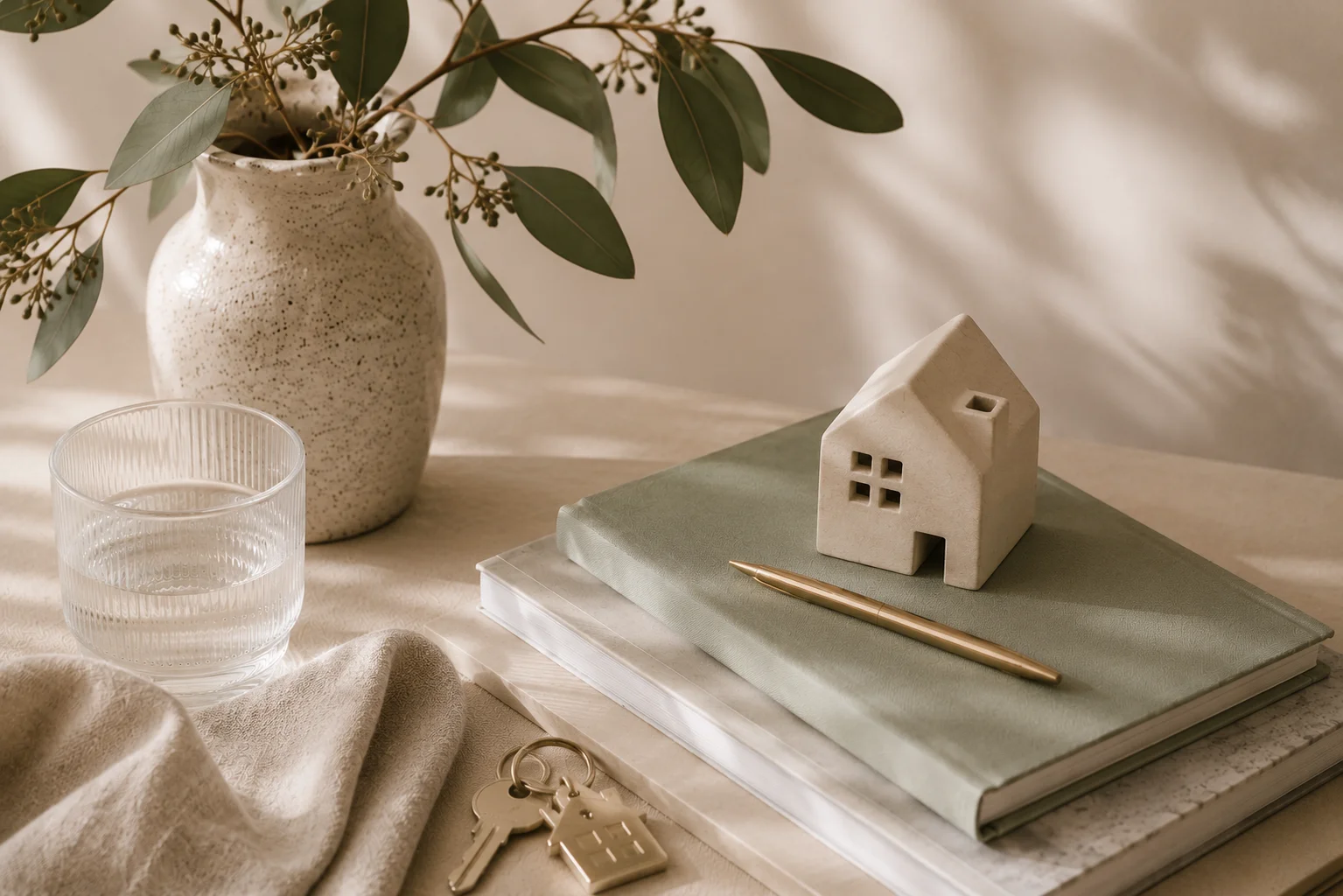A ceramic house figurine on a stack of books with keys beside it and eucalyptus in a vase