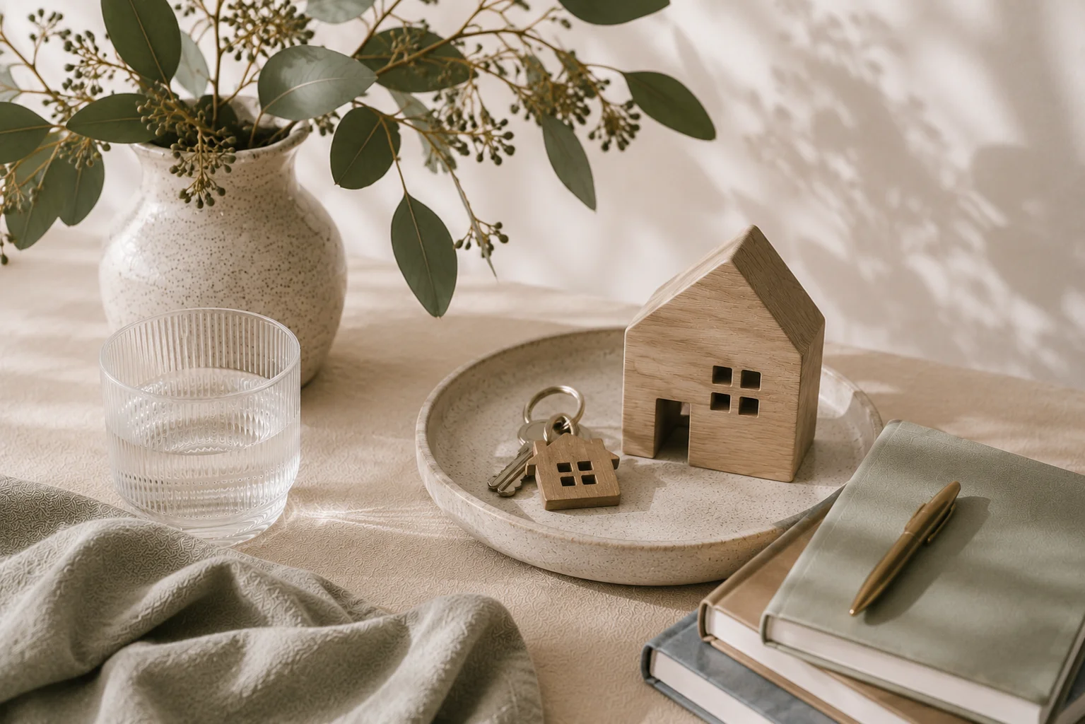 A wooden house figurine and house-shaped keychain together in a ceramic dish with eucalyptus branches