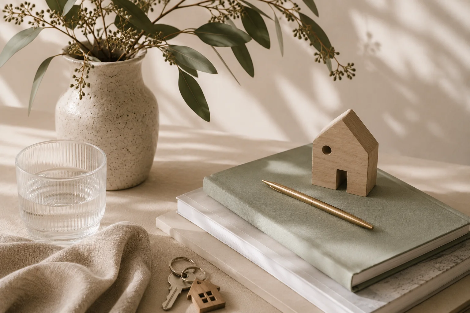 A small wooden house figurine and keys resting on a green journal with eucalyptus in the background