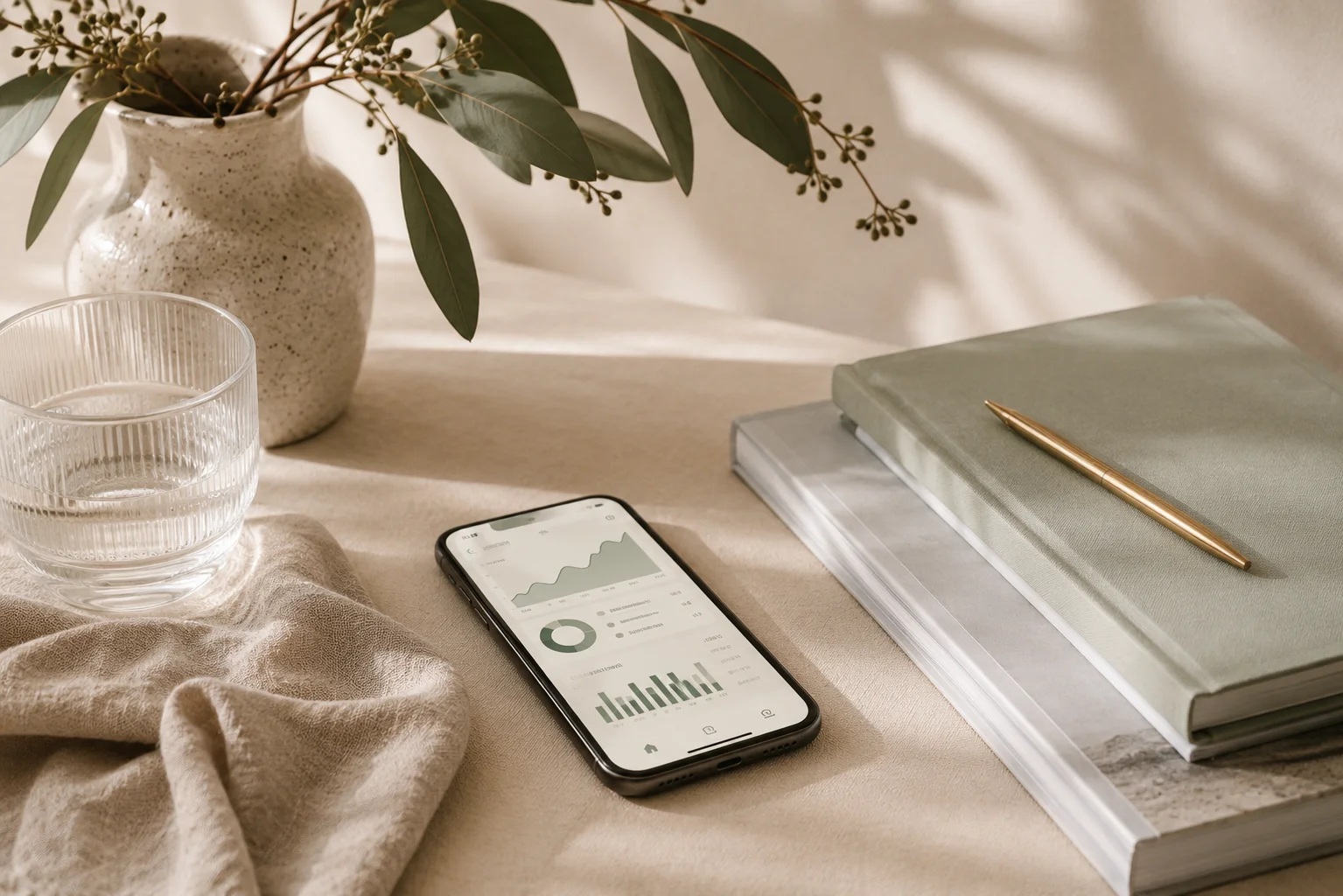 A smartphone displaying financial charts and graphs beside notebooks and eucalyptus branches